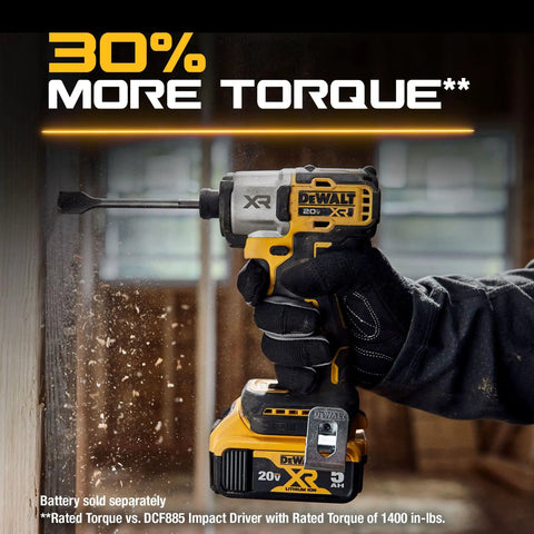 Gloved hand using 20V Max XR Brushless Impact Driver With One Quarter Inch Hex High Torque 3 Speed LED Work Light Extended Runtime Cordless Tool Only 1825 In Lbs Torque And 3400 RPM on wooden surface