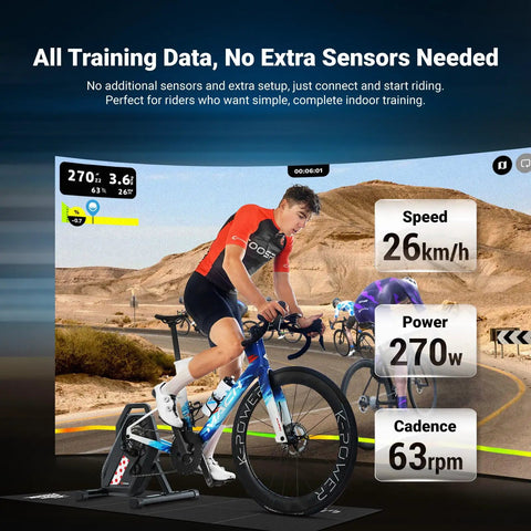 Cyclist using Direct Drive Indoor Bike Trainer With Bluetooth And ANT Plus Smart Resistance Control Compatible With Zwift Wahoo TrainerRoad