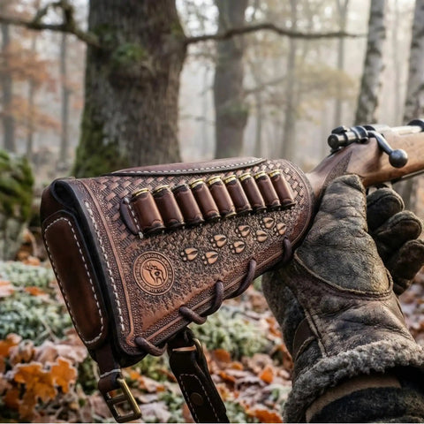Vintage Leather No Drill Cheek Rest For Rifles And Shotguns With Buttstock Protective Pouch in a wooded setting.