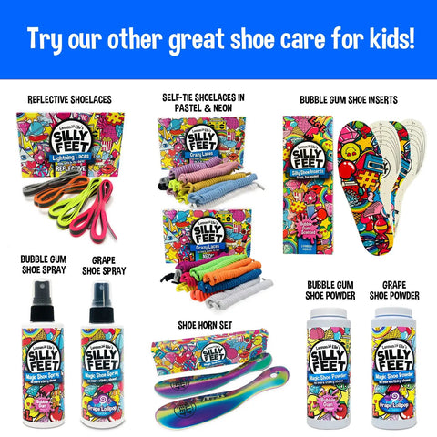 Assorted kids' shoe care products including shoelaces, shoe inserts, and sprays with colorful packaging and bubble gum theme.