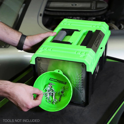 Green 15 Inch One Touch Tool Box with Tray, openable with one hand, padlock security slot, durable tool storage, holds up to 30 lbs