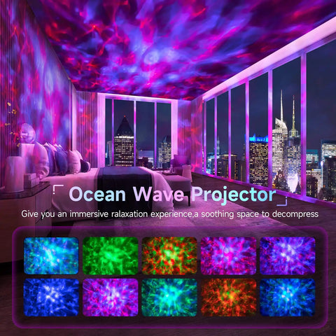 Galaxy Projector Skylight With 24 Light Modes And White Noise Bluetooth Speaker Room Projector Lights For Bedroom Decor Remote Timer Sky Night Lamp For Relaxing Vibe Dope Aesthetic Ambience projecting colorful lights on a bedroom ceiling.
