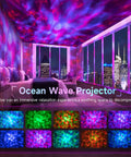 Room with ocean wave effect from Lit 5 In 1 Galaxy Projector For Bedroom With Bluetooth Speaker, colorful light modes displayed.