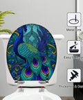 Round Toilet Seat Replacement for Bathroom with peacock design, metal hinges, easy to install, measures 16.5 inches.