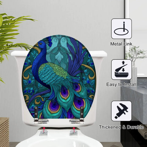 Round Toilet Seat Replacement for Bathroom with peacock design, metal hinges, easy to install, measures 16.5 inches.