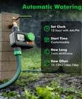 Programmable Sprinkler Timer for Garden Hose With Rain Delay and Manual On Off, attached to a brick wall with custom settings displayed.