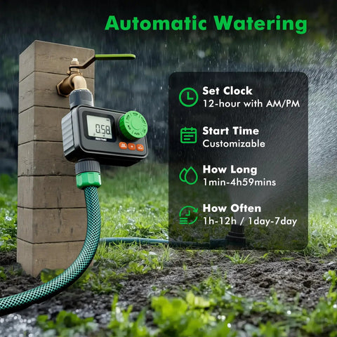 Programmable Sprinkler Timer for Garden Hose With Rain Delay and Manual On Off, attached to a brick wall with custom settings displayed.