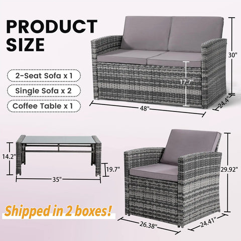 Four-Piece Outdoor Patio Furniture Set With Wicker Rattan Modular Sectional Sofa With Cozy Cushions And Glass Table All Weather Conversation Set For Garden Porch Backyard And Patio Light Gray