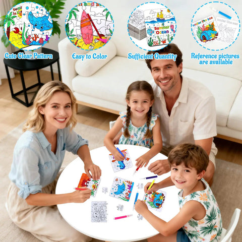 Family enjoying 24 Piece Summer Crafts Kit For Kids Ages 4 To 8, Ocean Theme Coloring Puzzles With Mermaid, Fish, Starfish, Crab And Shells