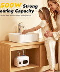 Compact Under Sink Mini Water Heater Delivers No Sweat Instant Hot Water For Kitchen Bathroom And RV 1.6 Gallon 1500W Electric Tank in wooden cabinet.