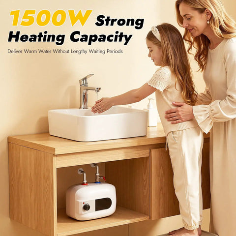 Compact Under Sink Mini Water Heater Delivers No Sweat Instant Hot Water For Kitchen Bathroom And RV 1.6 Gallon 1500W Electric Tank in wooden cabinet.
