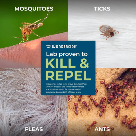 Outdoor Pest Control Spray Concentrate With Natural Essential Oils That Kills Mosquitoes, Ants, Roaches And More, label image
