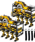 Heavy Duty 3 Tier Tool Organizer Wall Mount Set For Garage 2 Pack Cordless Drill Holder And Tool Shelves Stores Up To 8 Drills Hammer Pliers Screwdrivers And Extension Cord Hangers Space Saving Wall Rack with drills and tools
