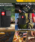 Emergency survival kit bag, black 600D nylon MOLLE pouch with flag and red cross patches; front and side views.