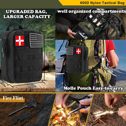 Emergency survival kit bag, black 600D nylon MOLLE pouch with flag and red cross patches; front and side views.