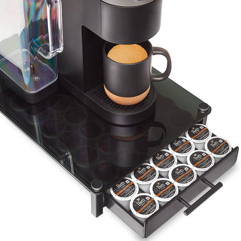 Premium Glass Coffee Stand With Pod Drawer For Keurig Coffeemakers Keeps Pods Handy On The Counter, Sleek Kitchen Organizer