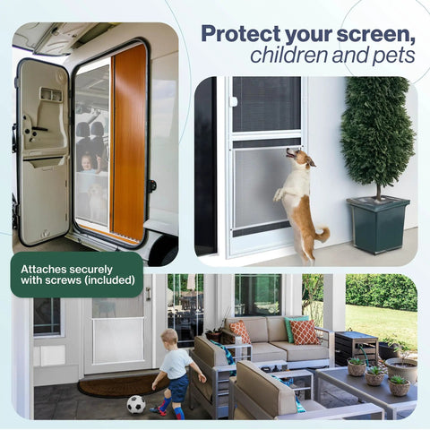 Three images showing a protective door grille for pets and children, suitable for residential use, with secure installation.