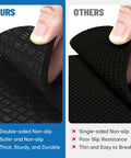 Comparison of 4 Pack Double Sided Treadmill Floor Mat Pads Grippy Non Slip Anti Vibration Cushions with single-sided mats, showing texture differences.