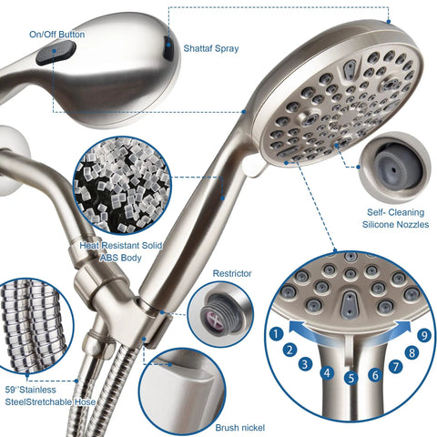 High Pressure Handheld Shower Head With 10 Settings, 4.7 Inch Detachable Kit, 5 Ft Hose, Brush Nickel Finish, detailed features shown