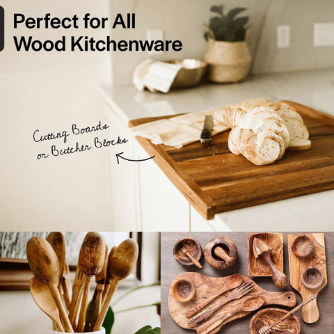 Food Grade Mineral Oil For Wood Cutting Boards, Countertops And Butcher Blocks used on kitchenware with bread and utensils