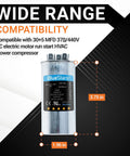 Two Pack 30 And 5 Uf Round Dual Run Capacitors 370 To 440 Vac Replacement For Condenser And Heat Pump Air Conditioners Exact Fit For TRCFD305 97F9833 27L877, dimensions 1.96 x 3.75 inches.
