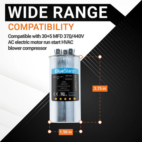 Two Pack 30 And 5 Uf Round Dual Run Capacitors 370 To 440 Vac Replacement For Condenser And Heat Pump Air Conditioners Exact Fit For TRCFD305 97F9833 27L877, dimensions 1.96 x 3.75 inches.