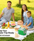 Family picnic featuring a green floral cooler, playing outside, highlighting the Cooler Lid Push Button Repair Kit With Springs Set 4 Pack Replacement Buttons And Springs For Playmate Style Coolers No Brainer Easy Fix For Worn Stuck Or Broken Button Mechanism.