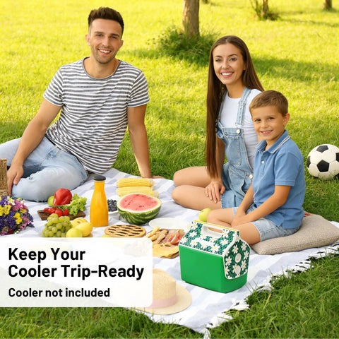 Family picnic featuring a green floral cooler, playing outside, highlighting the Cooler Lid Push Button Repair Kit With Springs Set 4 Pack Replacement Buttons And Springs For Playmate Style Coolers No Brainer Easy Fix For Worn Stuck Or Broken Button Mechanism.