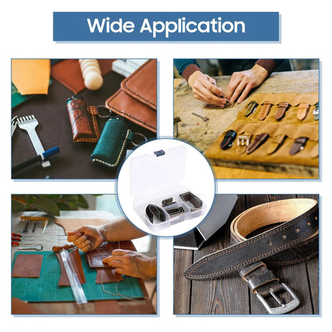 Collage showing the 18Pcs Universal DIY Embossing Punch Set Kit in use for leather crafting projects and designs.
