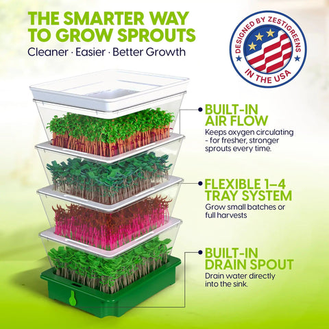 4 Tier Sprouting Kit With Stackable Trays And Drain Spout For Home Sprouts, Grows Fresh Sprouts In 3 To 5 Days, Self Draining And BPA Free Seed Sprouter
