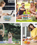 Collage of people using Two Compartment Glass Meal Prep Containers Pack Of 10 With Lids, 30 Oz Each in office, picnic, yoga, and home settings.