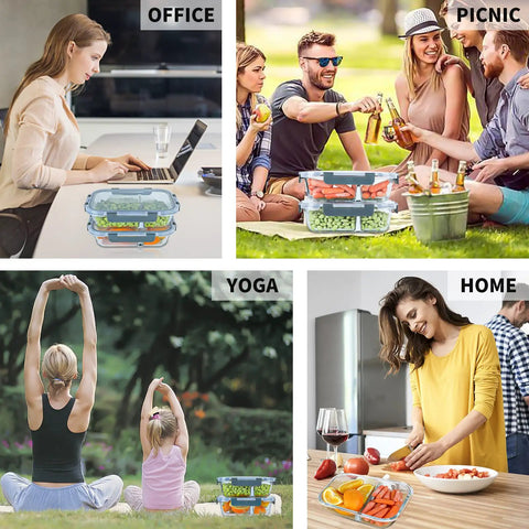 Collage of people using Two Compartment Glass Meal Prep Containers Pack Of 10 With Lids, 30 Oz Each in office, picnic, yoga, and home settings.