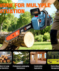 60V 16 Inch Cordless Chainsaw With Brushless Motor cutting a log outdoors