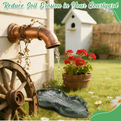Dual Leaf Decorative Splash Block And Gutter Downspout Rain Diverter Extension For Lawn Patio Yard Garden Heavy Duty Weatherproof No Hassle Backyard Kickback To Shield Foundation Smooth Water Flow, water flowing from copper downspout to splash block.