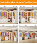L Shaped Corner Closet System With Nine Roomy Drawers And Spacious Open Shelves Freestanding Modular Wardrobe Organizer loaded with heavy duty hanging rods in various configurations.