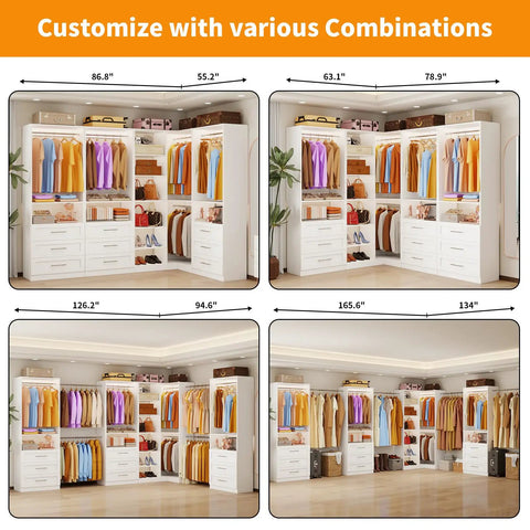 L Shaped Corner Closet System With Nine Roomy Drawers And Spacious Open Shelves Freestanding Modular Wardrobe Organizer loaded with heavy duty hanging rods in various configurations.
