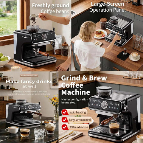 Premium Full Automatic Espresso Coffee Machine With Built In Grinder And 20 Bar Pressure For Smooth Cappuccino Latte Making, showing a large-screen operation.