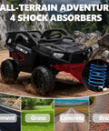 Powerful 24V Two Seater Ride On Car With 800W Motors on rocky terrain, showcasing 4 shock absorbers, adaptable to cement, grass, concrete, brick.