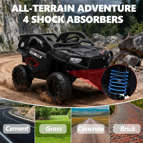 Powerful 24V Two Seater Ride On Car With 800W Motors on rocky terrain, showcasing 4 shock absorbers, adaptable to cement, grass, concrete, brick.