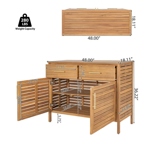 Outdoor Acacia Wood Storage Cabinet With Two Drawers And Double Door Shelf For Garden Poolside And Patio Weather Resistant Natural Finish Durable Outdoor Cabinet For Easy Grab Storage And Quick Access, dimensions labeled
