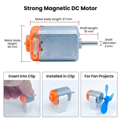 Motor Kit For Kids 8 Piece STEM Science Set With Motors Wheels And Gears For Hands On Learning And Building Mini Models Real Working Projects To Spark Young Engineers, 27 mm DC motor with 10 mm shaft and fan clip demo