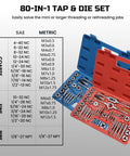 80 Piece Tap And Die Set For SAE And Metric Threads With Wrenches And Rethreading Bits For Cutting External And Internal Threads NC NF NPT Repair Tools Pro Grade in open case showing taps, dies, and wrenches