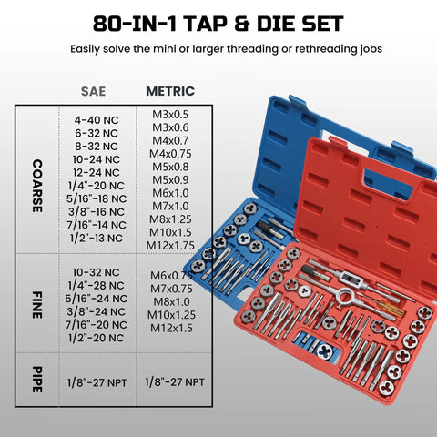 80 Piece Tap And Die Set For SAE And Metric Threads With Wrenches And Rethreading Bits For Cutting External And Internal Threads NC NF NPT Repair Tools Pro Grade in open case showing taps, dies, and wrenches
