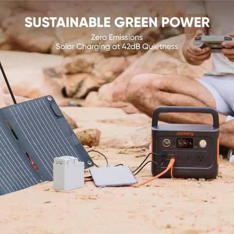 Solar Generator 240 V2 With 256Wh LiFePO4 Battery And 300W AC 100W USB C Output shown with solar panel outdoors