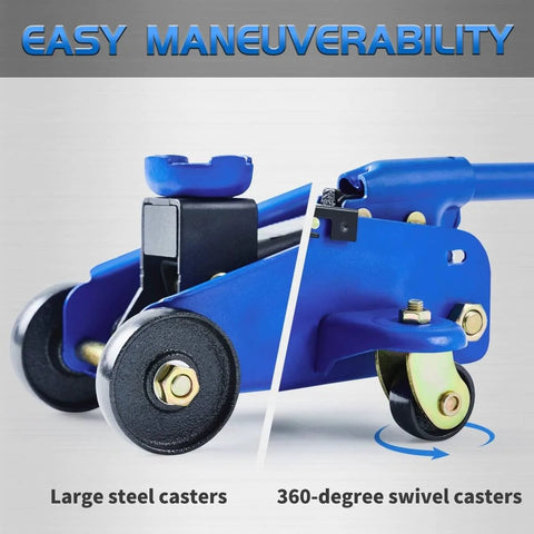 2 Ton Hydraulic Floor Jack For Cars, Portable Car Lift With 4.9 To 11.8 Inch Lift Range, 3,800 Lb Capacity, large steel casters, blue finish