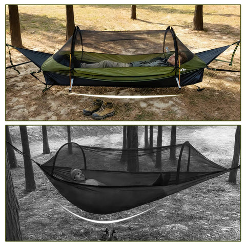 Flat Lay Hammock Tent With Bug Net And Waterproof Rain Fly For One Person set up between trees with a person resting inside.