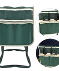 Foldable Garden Kneeler And Seat With Soft Cushion, Heavy Duty Garden Bench, showing detachable tool pouch with gardening tools.