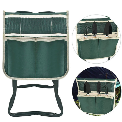 Foldable Garden Kneeler And Seat With Soft Cushion, Heavy Duty Garden Bench, showing detachable tool pouch with gardening tools.