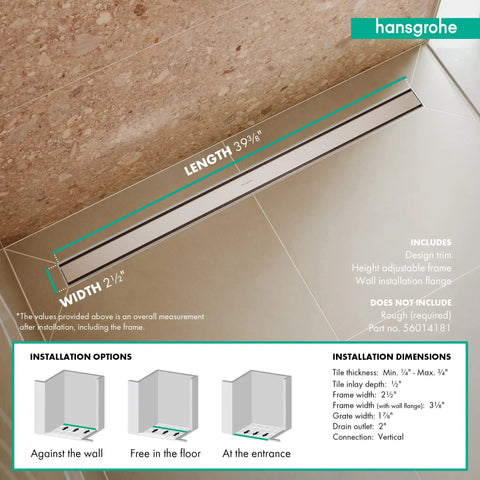 Professional Grade Rectangular Linear Shower Drain With Adjustable Height Frame And Brushed Stainless Steel Cover Tileable Bathroom Floor Grate For Zero Fuss 39 Inch Rough Install shown installed near wall with detailed measurements.