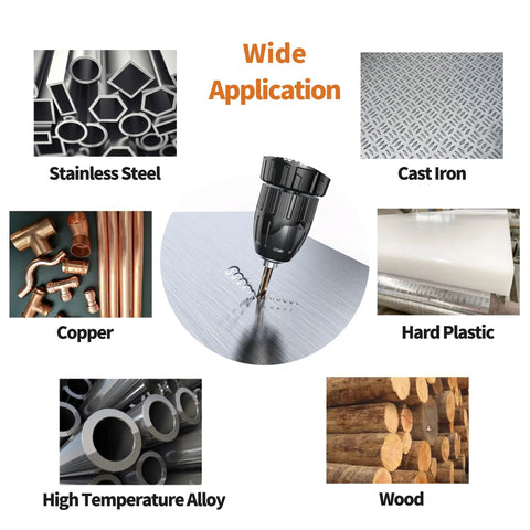 Drill bit in action surrounded by materials like stainless steel, cast iron, hard plastic, wood. 20 Piece 7 64 Inch Cobalt Drill Bits M35 HSS Pro Grade Heavy Duty Set For Steel Stainless Steel Cast Iron Hard Plastic And Wood With Durable Storage Case